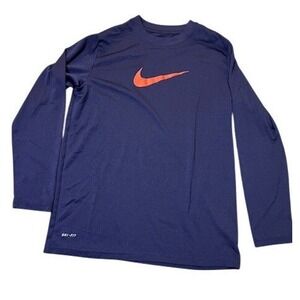 Nike Dri-FIT Kids Long Sleeve Shirt Navy Blue Orange Swoosh Athletic Top Med